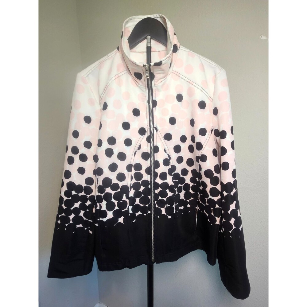 Erin London Jacket Women L Polka Dot Zip Up Lightweight Pink Black Casual Blazer
